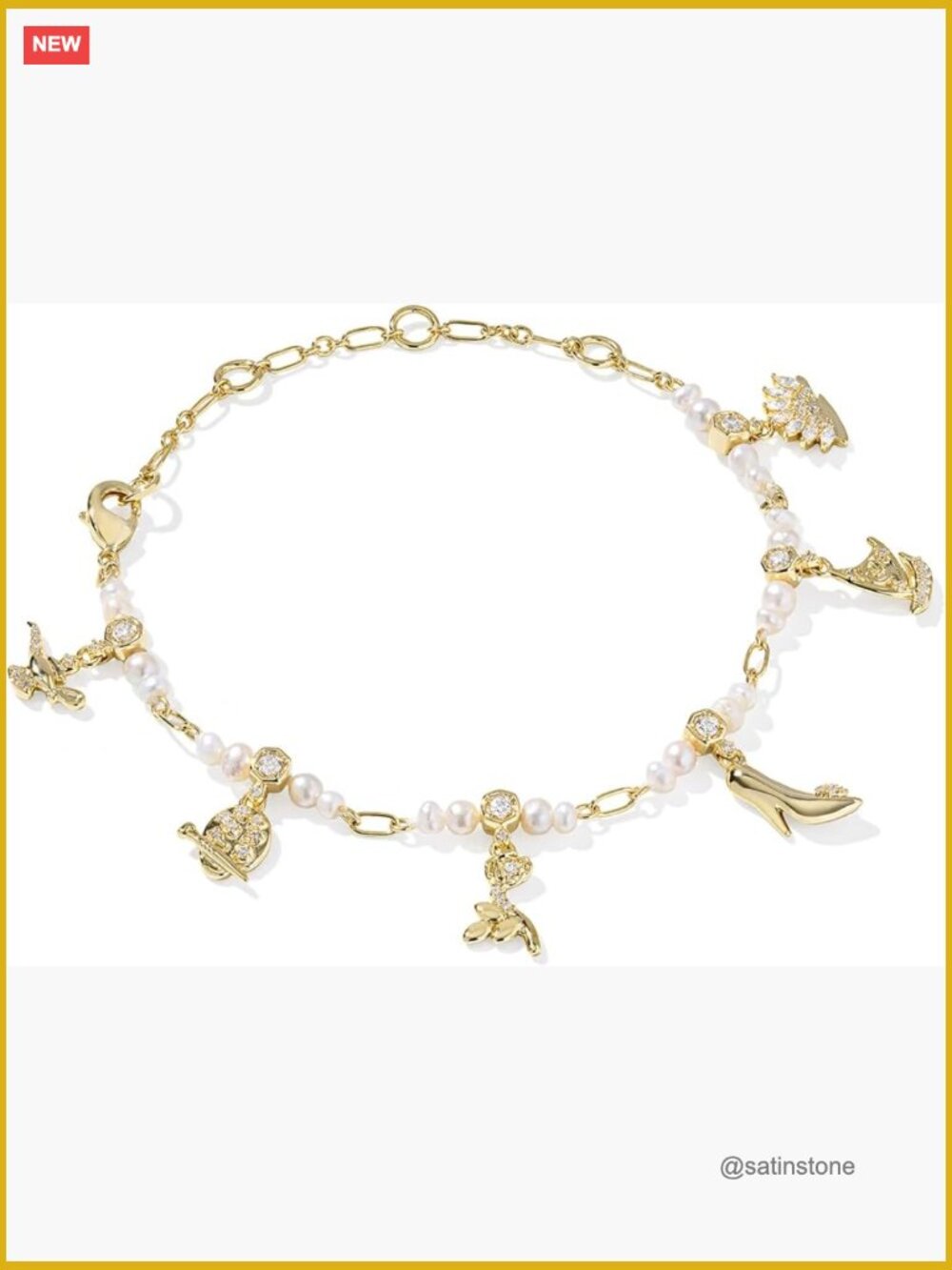 Princess Charm Bracelet, Gold Plated Brass, Disney Themed Charms, Toggle Clasp,